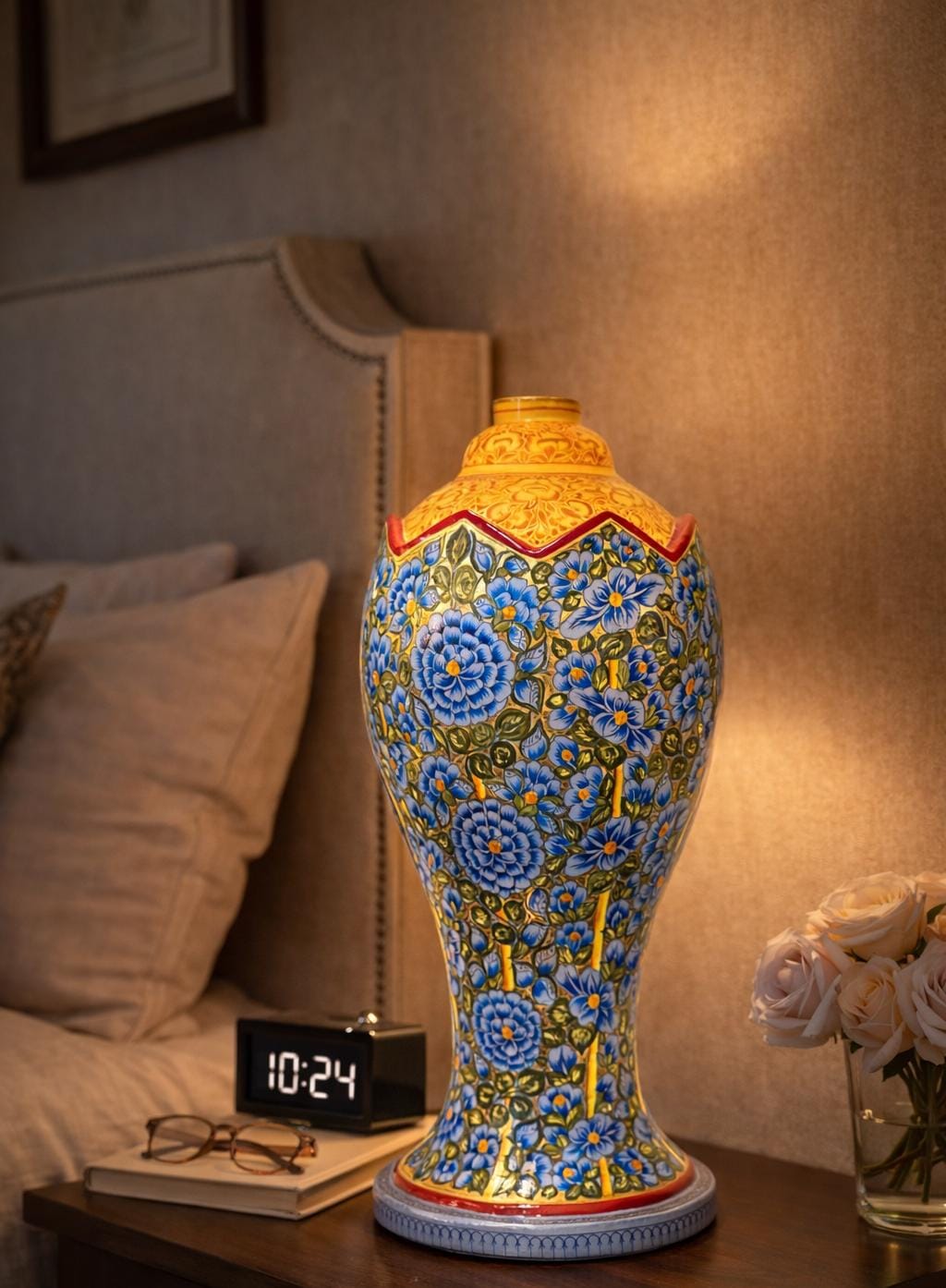 Paper Mache Table Lamp with kashmiri floral art, handmade paper mache table lamp 